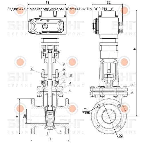 Задвижка с электроприводом 30с941нж DN 400 PN 1,6 чертеж